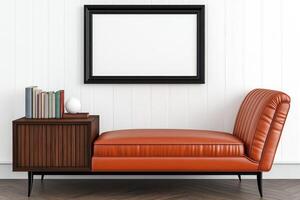Elevate Your Space Discover the Perfect Blend of Modern and Mid-Century Design with This Stylish Orange Leather Chaise Lounge Set Against a Crisp White Wall, Featuring a Dark Wood Side Table Adorned photo