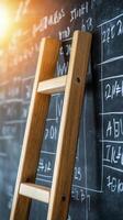 Elevate Your Visuals A Compelling Image of a Wooden Ladder Leaning Against a Chalkboard, Perfect for Illustrating Concepts of Growth, Ambition, Education, and Success Capture the Essence of Upward photo