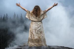 Embrace the Serenity Discover the captivating allure of a woman standing amidst the ethereal steam and majestic geysers of a geothermal wonderland Immerse yourself in the tranquility of nature as you photo
