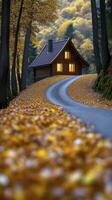 Enchanting Autumn Retreat Discover the Serene Beauty of a Cozy Cabin Nestled Amidst a Forest of Vibrant Fall Foliage, Where Golden Leaves Line a Winding Road Leading to a Warm and Inviting Home photo