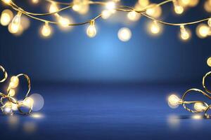 Enchanting Blue Background with Warm Glowing String Lights A Captivating Visual for Festive Occasions, Holiday Celebrations, Christmas Decor, and Party Ambiance Ideal for Digital Designs, Website photo