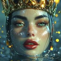 Enchanting Queen Emerges from Crystal Waters A Digital Masterpiece Capturing Beauty, Grace, and Power Witness the serene yet regal expression of the digital woman, adorned with a golden crown, as she photo