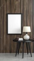 Enhance your home decor with a captivating framed art print mockup showcasing a modern interior scene featuring a stylish round table, a chic lamp, and decorative books against a rich, textured wood photo
