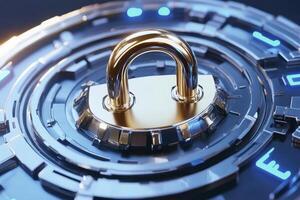 Enhance your digital security with this striking image of a golden padlock nestled within a futuristic, high-tech circuit board Perfect for cybersecurity firms, technology blogs, and data protection photo