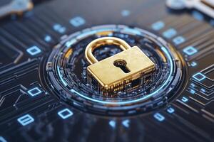 Enhance Your Digital Security A Detailed View of a Padlock Securing Intricate Circuitry, Representing Data Protection, Cybersecurity Measures, and Online Safety Practices, Highlighting the Importance photo