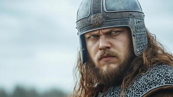 Epic Viking Warrior Portrait Explore the intense gaze of a Norse warrior, his weathered face telling tales of battles fought and victories won Immerse yourself in the authentic detail of his photo