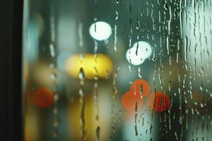 Experience the melancholic beauty of a rainy city night through this captivating close-up The image captures the delicate dance of raindrops cascading down a windowpane, blurring the vibrant city photo