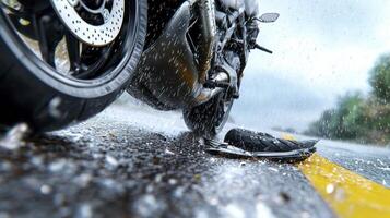 Experience the thrill of motorcycle riding in the rain, a captivating image showcasing the power and beauty of two-wheeled adventures Feel the refreshing rain as it splatters around the motorbike photo