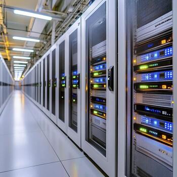 Explore a modern data center featuring rows of server racks illuminated by vibrant LED lights, showcasing advanced technology and efficient cooling systems Witness the hub of cloud computing photo