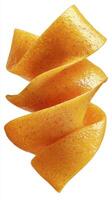 Experience the vibrant allure of this citrus peel, a mesmerizing swirl of textured orange zest captured in exquisite detail, perfect for adding a touch of natural beauty and freshness to your photo