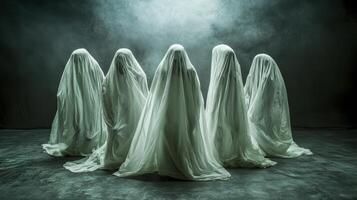 Ethereal Specters A Haunting Ensemble of Spectral Figures Cloaked in White Sheets, Emerging from the Misty Depths, Evoking a Sense of Mystery and the Supernatural, Perfect for Halloween Imagery photo