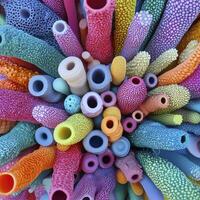 Explore a vibrant abstract world teeming with colorful tubes and organic shapes, an image bursting with texture, light, and visual interest that is both intriguing and visually appealing, displaying photo