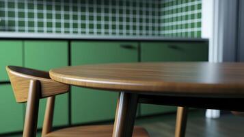 Explore a vibrant kitchen interior featuring a wooden dining table and chair set against a backdrop of sleek green cabinets and a distinctive green tiled wall, offering a modern yet warm aesthetic photo