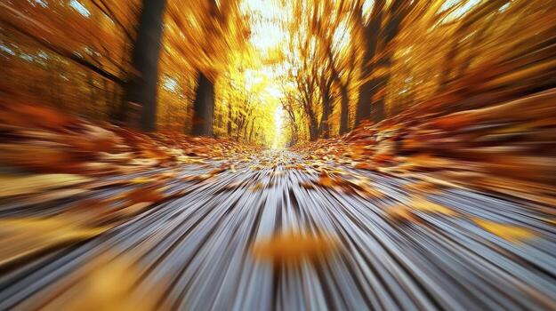 Experience the vibrant hues of autumn with this breathtaking view of a forest path bathed in golden light Fallen leaves create a mesmerizing carpet under a canopy of trees ablaze with color This photo