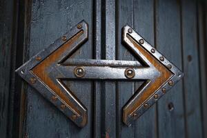 Explore the captivating artistry of rustic design with this striking image, showcasing a symmetrical double arrow metal emblem mounted on a weathered wooden surface, evoking a sense of direction photo