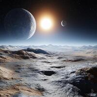 Explore the celestial wonders of a distant planet with this stunning image, capturing the ethereal beauty of alien landscapes under the glow of a binary star system Witness the stark contrast between photo