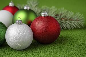 Explore Festive Christmas Ornaments A Colorful Display of Holiday Decorations, Including Red, Green, and Silver Baubles with a Textured Sparkle on a Vibrant Green Background, Perfect for Seasonal photo