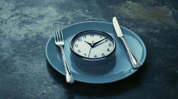 Explore the Concept of Time and Food A Still Life Depicting a Clock Placed on a Plate with Utensils, Symbolizing the Importance of Scheduled Meal Times and Mindful Eating Habits Reflect on the photo