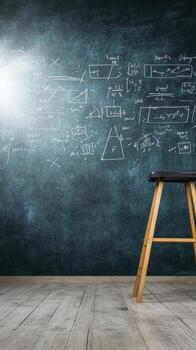 Explore the depths of knowledge with this captivating image showcasing a chalkboard filled with intricate diagrams and calculations, symbolizing the pursuit of learning and understanding, standing photo