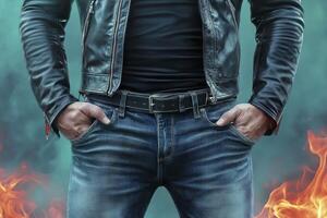 Explore the edgy allure of a rugged man in a leather jacket, showcasing masculine style and modern fashion This captivating image captures the essence of a cool and confident individual, exuding photo