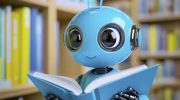 Explore the Fascinating World of Artificial Intelligence with a Cute Blue Robot Discovering Knowledge in a Vibrant Library Setting, Featuring Shelves Filled with Colorful Books and a Gentle photo