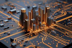 Explore the intricate beauty of a digital city, a miniature metropolis nestled upon a circuit board, illuminated by glowing pathways of technology Discover the fusion of urban architecture and photo