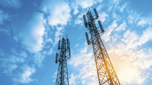 Explore the Future of Connectivity A Captivating Image Showcasing Communication Towers Against a Stunning Blue Sky, Emphasizing Wireless Technology, Infrastructure, and the Power of Modern photo