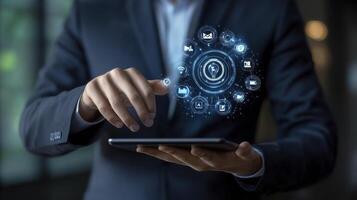 Explore the innovative world of digital transformation with this captivating image featuring a professional navigating data-driven insights Witness the power of technology as it enhances business photo