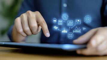 Explore the Future of Digital Connectivity A Close-Up on a Person Engaging with a Tablet, Navigating a World of Data, Charts, Graphs, and Icons Discover the Power of Visualized Information and photo
