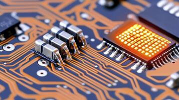 Explore the intricate beauty of this advanced computer circuit board, showcasing its sophisticated design and cutting-edge technology This close-up shot highlights the delicate components and complex photo