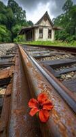 Explore the Poignant Beauty of Abandoned Train Station in Rural Setting Witness the juxtaposition of nature's delicate flower blooming on rusted tracks leading to a forgotten depot, evoking feelings photo