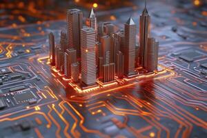 Explore the futuristic fusion of urban landscapes and technological advancements with this captivating image, showcasing a miniature city nestled on a complex circuit board Witness the convergence of photo