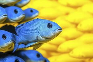 Explore the mesmerizing contrast a school of vibrant blue fish swimming against a backdrop of bright, sunny yellow, symbolizing uniqueness and diversity in the aquatic world captured in a stunning photo