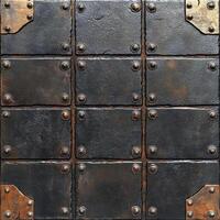 Explore the intricate details of this captivating square texture featuring a grid pattern composed of riveted metal plates, each exhibiting a subtle sheen, complemented by tarnished bronze corner photo