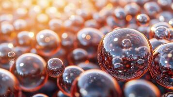 Explore the mesmerizing world of abstract art with this captivating image showcasing a cluster of dark, reflective spheres bathed in warm, golden light, perfect for use as a backdrop, presentation photo