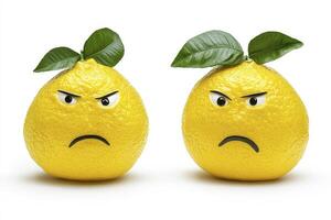 Explore the whimsical world of anthropomorphic citrus with this captivating image of two grumpy lemons, complete with drawn-on faces and leafy hats, evoking feelings of humor, negativity, and the photo