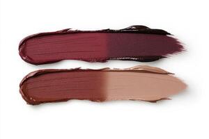 Explore vibrant lipstick swatches, showcasing rich burgundy and warm nude shades, perfect for makeup enthusiasts and cosmetic product presentations Discover the texture and color payoff in this photo