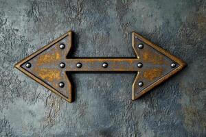 Exploring the symbolism of direction with this captivating image of a weathered metal arrow pointing both ways, inviting contemplation on choices, decisions, and the balance between different paths photo