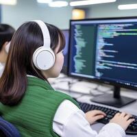 Focused Female Software Developer Coding at Computer with Headphones, immersed in programming, debugging lines of code on screen, showcasing modern tech workspace and concentration Young Asian photo