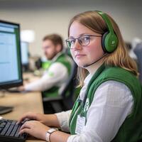 Focused Customer Service Representative Wearing a Headset in a Modern Office A Portrait of a Young Woman Typing on a Keyboard While Looking at the Camera, Showcasing Professionalism, Dedication, and photo