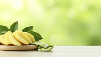Fresh, vibrant yellow potato slices, artfully arranged on a rustic wooden board, capture the essence of healthy eating and culinary delight A backdrop of lush green foliage evokes a sense of natural photo