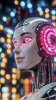 Futuristic Android Portrait with Glowing Eyes and Neon Accents, A Captivating Digital Art Piece Showcasing Advanced Robotics and AI, High-Resolution Image Perfect for Technology Enthusiasts and photo