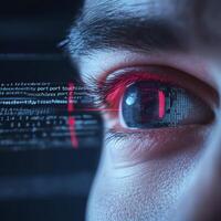 Futuristic Human Eye with Digital Overlay Explore the intersection of humanity and technology through this captivating image, showcasing the blend of organic beauty and artificial intelligence photo