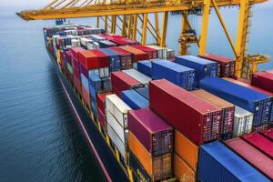 Giant Cargo Ship Loaded with Colorful Shipping Containers at Port, a visual spectacle of international trade and logistics efficiency Explore this expansive vessel, a symbol of global commerce, as it photo