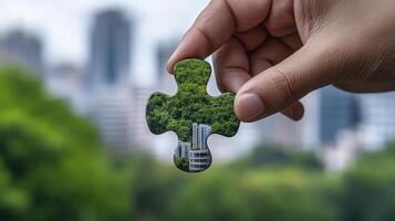 Hand holding a jigsaw puzzle piece with a nature scene overlayed, representing environmental solutions and sustainability efforts for urban areas The image symbolizes green initiatives, eco-friendly photo
