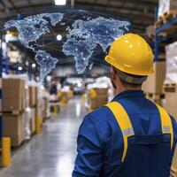Global Supply Chain Management Visualizing Logistics and International Trade, A worker with yellow helmet overseeing the intricate network of global logistics with a digital world map overlay photo
