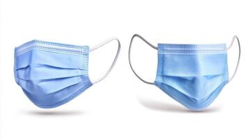 High-Resolution Stock Image Showcasing Two Light Blue Disposable Face Masks, Essential for Protection Against Viruses and Bacteria, Offering a Clean and Professional Visual for Medical, Healthcare photo