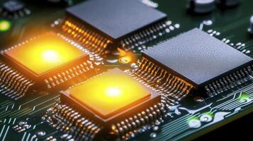 High-Resolution Image of Semiconductor Chips with Glowing Cores, showcasing intricate circuitry, reflecting advanced technology and innovation in computing Capturing the essence of modern photo