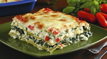 Indulge in a Slice of Heaven A Captivating Close-Up of Homemade Spinach and Ricotta Lasagna, Layered to Perfection with Fresh Tomatoes and a Generous Blanket of Melted Mozzarella, Presented on an photo
