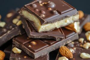 Indulge in Decadence Delicious Dark Chocolate Squares with Creamy Peanut Butter Filling and Crunchy Almonds, A Visual Treat of Gourmet Sweets, Perfect for Dessert Lovers and Food Photography photo